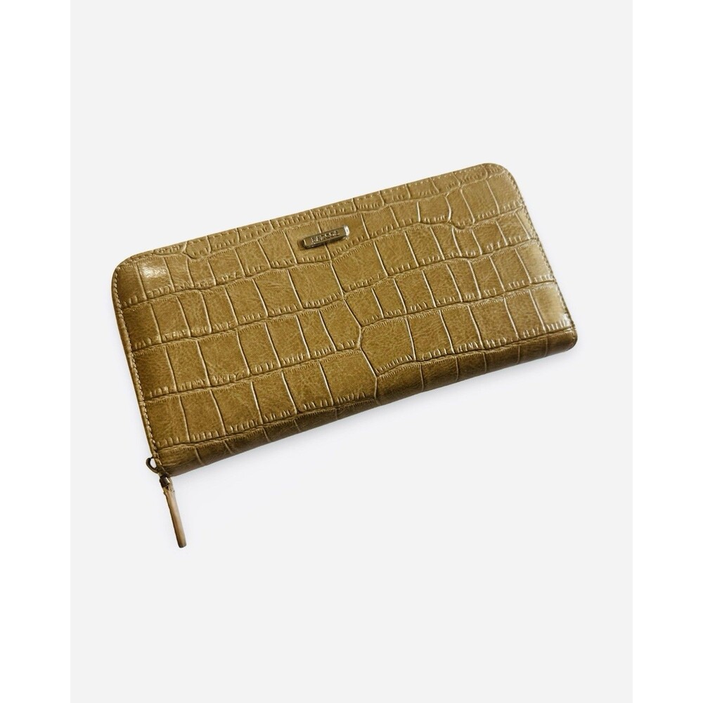 BARCOS Tan Leather Long Wallet Crocodile Embossed Zip Around Continental